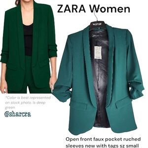 Zara Women Open Front Blazer Faux Pocket Ruched Sleeve Dark Emerald Green Small
